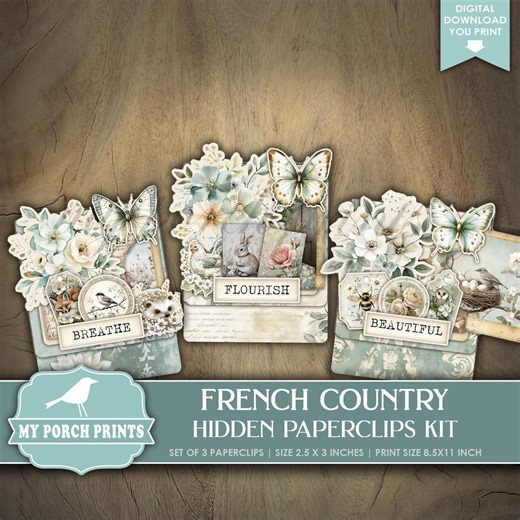 French Country Hidden Paperclips Kit, 3, Blue Junk Journal Paper Clips Bookmark Cottage Shabby, My Porch Prints Printable Digital Download - Etsy