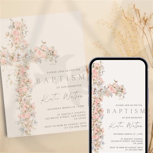 Baptism Invitation Girl Floral Cross – Pink Christening Invite Printable & Phone Template - Etsy