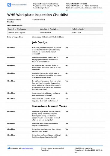 WHS Workplace Inspection Checklist (Free, editable template)