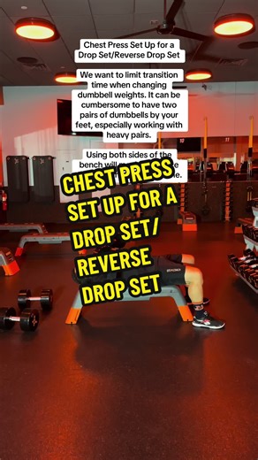 Chest Press Set Up for a Drop Set/Reverse Drop Set We want to minimize the transition time when we switch weights with both drop sets and reverse drop sets. Having two sets of dumbbells by your feet can be cumbersome and possibly even dangerous. If space allows, it is helpful to set up on both sides of the bench to maximize space and efficiency in dumbbell weight changes when working heavy. #dropsets #reversedropsets #reversedropsetup #chestpress #otfcoach