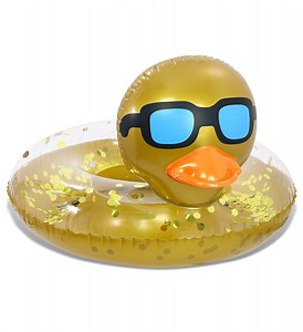 POZA Inflatable Duck Pool Float Tube- Heavy Duty Vinyl UV Resistant Confetti Pool Duck Floatie, Animal Float Swim Ring Inflatables for Kids and Adults for Beach, Party, Vacation - Gold