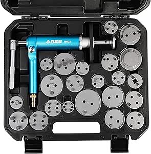 ARES 18023-23-Piece Brake Caliper Wind Back Tool Set - Pneumatic Design for Easy One-Person Use - Includes Compressor Tool and 22 Drive Key Disc Adapters - Storage Case Included