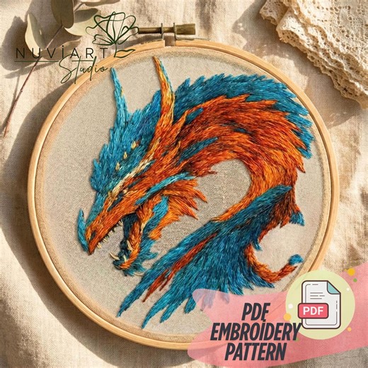 Dragon Embroidery Pattern PDF, DIY Hand Embroidery Design, Fantasy Hoop Art Tutorial, Mythical Creature Needlepoint - Etsy