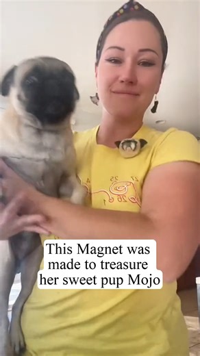 Carman turned her pug Magnet into a wearable accessory! 💙 So cool! Order a custom Felt Magnet made of your pet today: https://bit.ly/3PWWC98 | Petsies