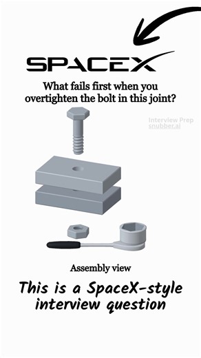 A steel bolt clamps two steel plates. If you tighten it far beyond its rated torque, what fails first: the bolt, the threads, or the plates? This engineering technical interview question tests your understanding of preload, combined stresses, and failure modes in bolted joints. ➡️ Practice more engineering technical interview questions with Snubber at snubber.ai #engineering #spacex #engineeringinterview #mechanicalengineering #snubberai Independently created Snubber practice question. Not offic