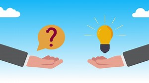 Download Concept of a great idea, looking for answer, hand gesture, solution of the problem, animation in cartoon style, question mark and light bulb for free