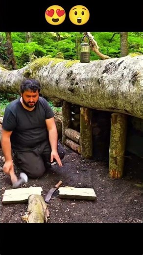 The secret shelter i built under the fallen tree #shorts #youtubeshorts #adventure