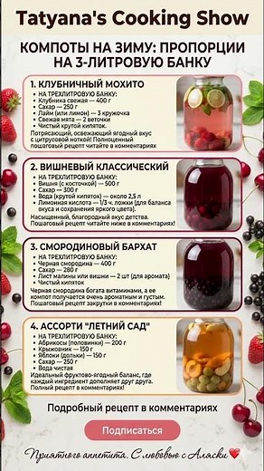 🍹КОМПОТЫ НА ЗИМУ БЕЗ СТЕРИЛИЗАЦИИ 4 Лучших Рецепта: Идеальные пропорции на 3-литровую банку🍒
