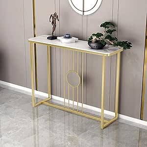 KWOKING Rectangle Glam Console Accent Table Antique Finish Console Table Stone Rock Slab Porch Table Against the Wall Wrought Iron Living Room Home Platform Porch Table White Gold 47"L x 12"W x 31"H