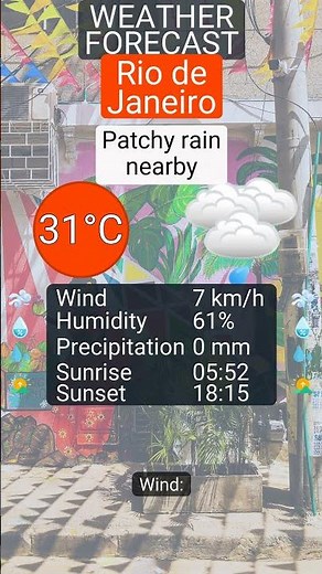 What’s the weather in Rio de Janeiro? Patchy rain nearby, 31°C, wind…