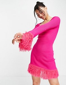 ASOS DESIGN knitted mini dress with feather hem in pink | ASOS
