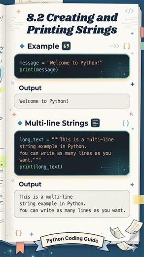 "Python Strings: Use "text" or 'text' to create. print () to display. Triple """ for multi-line 🚀".