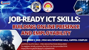 JOB-READY ICT SKILLS: Building Online Presence and Employability Have you ever wondered how your online presence opens doors to better job opportunities? Join our free JOB-READY ICT SKILLS: Building Online Presence and Employability! 📆 December 2, 2025 (Tuesday) 📍 PESO Multipurpose Hall, Capitol Complex, Lingayen, Pangasinan 📌 Limited slots available – Pre-registration required! Register here: https://forms.gle/DC8ytgTLLHj3o8WW6 Don’t miss this chance to upgrade your ICT skills and boost your