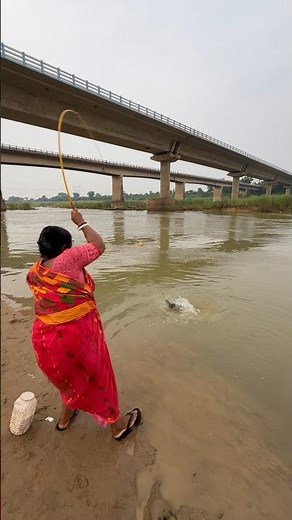 Beautiful woman catching hook fishing 🎣 in amazing village river & used fish food #ladyhookfishing