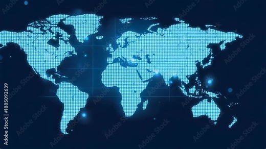 Glowing blue digital world map with dotted grid, network connection nodes and global light effects