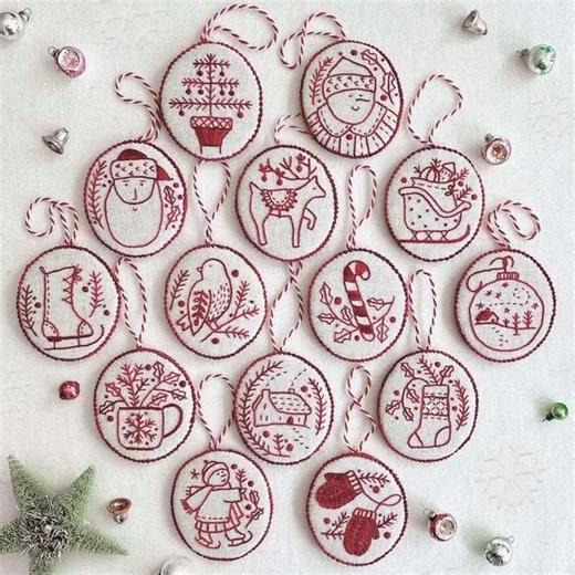 🤩Stitch up 14 Redwork Christmas ornaments to decorate your holiday tree! 🎄This Hand Embroidery Christmas Ornaments kit makes it easy to create your own Christmas party. | Collectale