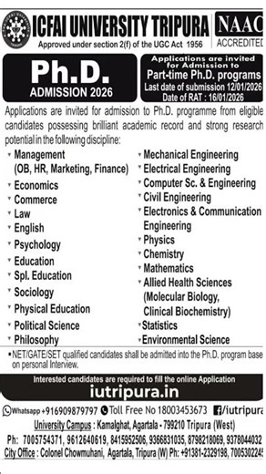 Ph.D. Notification Private University Tripura....