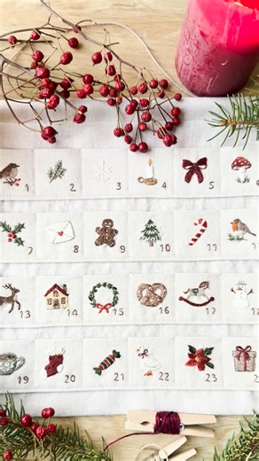 Feeling inspired to make your own family holiday heirloom? This digital pattern from Etsy shop HumblebeeAtelier includes 24 hand-drawn mini Christmas embroidery designs, plus a full sewing guide to create an advent calendar tradition for years to come 🎄 | Etsy