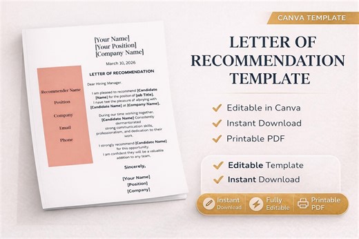 Letter of Recommendation Template, Editable Canva Recommendation Letter, Professional Reference Letter Template, Job Application Letter - Etsy