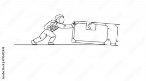 Animation of single one line drawing astronaut pushes giant open treasure chest over the edge of cliff. Tough man in outer space. Cosmic galaxy space concept. Spaceman. Full length motion
