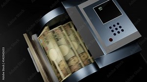 10000 Japanese yen in cash dispenser. Withdrawal of cash from an ATM. Financial transaction in the bank terminal. JPY.