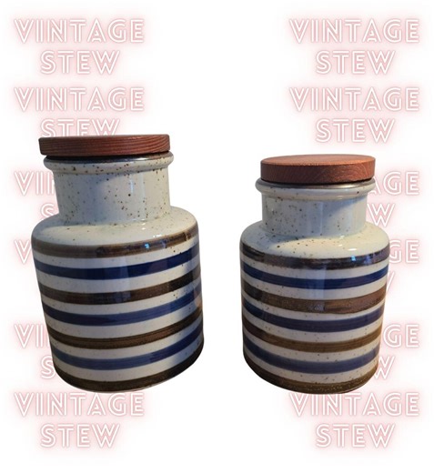 70s Asahi Pottery Canisters, Made in Japan, Set of Two (2) Storage Jars With Wood Lids in Blue and Brown Striped Ceramic Stoneware. - Etsy