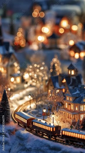 A detailed Christmas village model shines with golden lights as a small train passes through, capturing the wonder, nostalgia, and winter delight that define classic holiday scenes and festive visuals