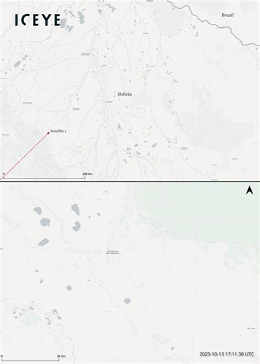 The animation below demonstrates how four ICEYE satellites teamed up to collect 43 images within a span of 10 minutes over a region in Bolivia: - Satellite 1 takes a Stripmap image, closely followed by - Satellite 2, which takes 24 images in a Brickwall pattern around the first image, while - Satellite 3 takes 10 sparse images, followed by - Satellite 4, which takes eight images in a Brickwall pattern. Learn how Multi-Spot capability and hybrid electronic and mechanical steering allow satellites