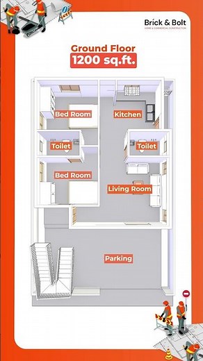 3D elevation & floor plan for a dual-unit home featuring a 2BHK + 3BHK layout on a 1200 sq ft plot