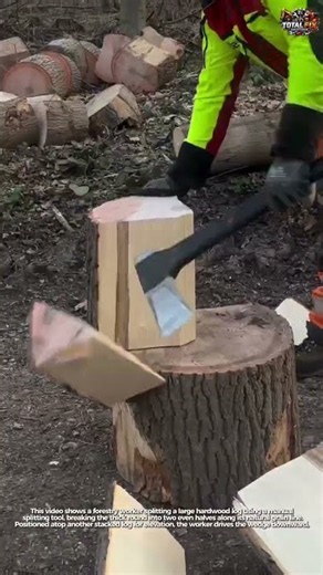 Splitting a Large Log with a Hydraulic Wedge Tool at a Forestry Site