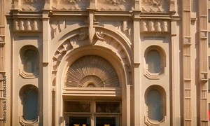 Slow Motion Detail of Art Deco Facade: Focus in slow motion on the detailed art deco elements of a historic building’s facade, emphasizing architectural beauty.