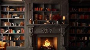 Cozy Library with Fireplace and Floor-to-Ceiling Bookshelves Stock Video