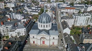 Notre Dame de Bon Port church, Nantes City in France. Aerial drone sideways