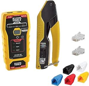 Klein Tools 80093 Cable Tester, VDV LAN Kit with LAN Tester, Pass Thru Crimper, CAT6/CAT5e Plugs and Strain Relief Boots, 5-Piece