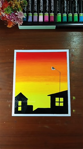 ✨ Easy house scenery painting l Oil Pastel Art #shorts #art #artforbeginners #ytshorts #drawing