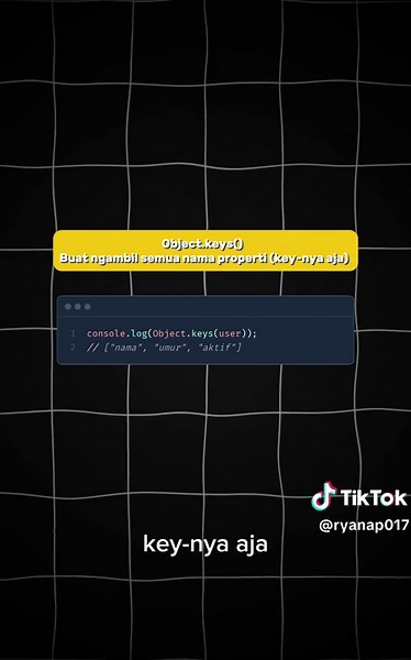Punya object tapi bingung cara salin, baca key, atau ambil nilainya? Tenang, ini alat-alat saktinya: 🛠️ Object.assign() – buat copy object   tambah properti 🔑 Object.keys() – ambil semua nama key 📦 Object.values() – ambil semua isinya 📋 Object.entries() – dapet key   value sekaligus 🎯 Biar loop jadi dinamis, data mudah dibaca, dan kode makin fleksibel! Jangan otak-atik object manual — pakai cara modernnya 💡