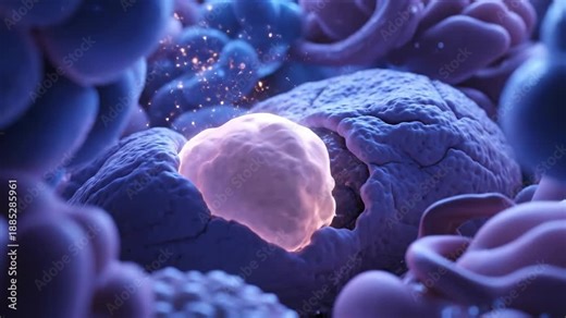 Dynamic 3D animation showing a cell growing and dividing. Glowing energy highlights cellular regeneration.