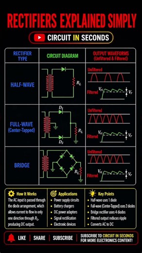 Rectifiers Explained Simply | Half-Wave vs Full-Wave vs Bridge Rectifier ⚡ #electronic #engineering