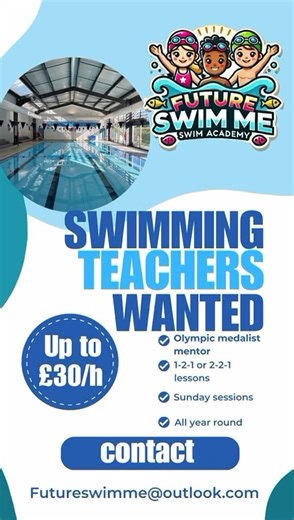We’re Hiring Swimming Teachers! Are you an enthusiastic swimming teacher with a passion for making lessons both fun and educational? Wavecrest Swimming and Sw1mWell are teaming up to launch something exciting: 🏊‍♀️ Future Swim Me – a brand-new swim school coming soon! If you’re ready to shape the future of swimming, send your CV and covering letter to: Futureswimme@outlook.com We’re looking for passionate, committed swimming teachers to be part of this forward-thinking programme. ✨ What makes t