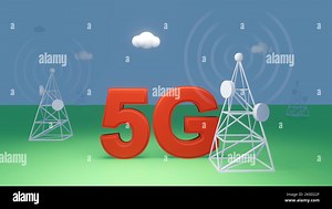 Bright Red 5G symbol along with White towers on green base and blue sky with clouds. Cartoon style. Good for Web, print or video with text space. 3D r Stock Photo - Alamy