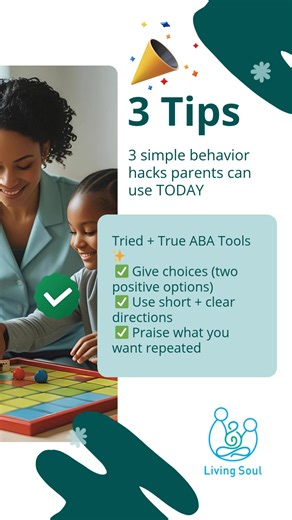3 simple behavior hacks parents can use TODAY 👇 Tried True ABA Tools ✨ ✅ Give choices (two positive options) ✅ Use short clear directions ✅ Praise what you want repeated Small changes = smoother days 💙 Which one will you try first? 📍 #LivingSoulLLC #ParentTips #ABAParentTraining #AutismParenting #BehaviorHacks #ParentingWins #PositiveReinforcement #AutismSupport #DailyStrategies #ChildSuccess | Living Soul LLC