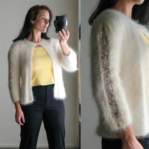 Vintage 80s SAKS FIFTH AVENUE Light Cream Angora Single Button Swing Cardigan W/ Pearl Laced Peek-a-boo Sleeves | 1980s Designer Sweater - Etsy