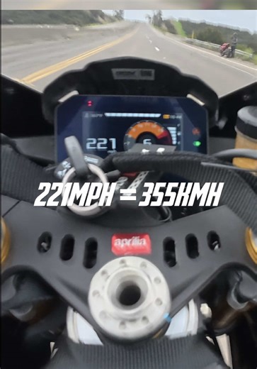 2026 Aprilia RSV4 goes an indicated 221MPH (355KMH) in our first test with this setup! With a 60-130MPH of 3.8, a 100-150MPH of 3.4, and a GPS top speed of 208MPH, this bike is VERY close, if not faster than our 2025 Ducati Panigale V4. The way this bike is geared makes the 60-130 a hold on for dear life pass. And while the 100-150MPH is two tenths slower than the V4, the V4 also benefitted from almost 1 degree of negative slope while the RSV4 is going uphill with its 3.4. Bottom line is the RSV