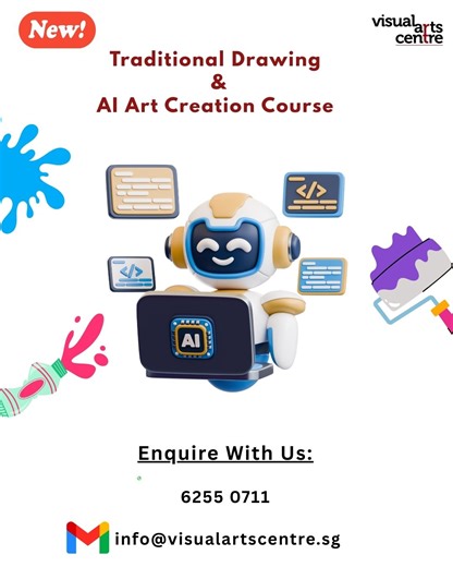 Visual Arts Centre Singapore on Instagram: "🎨✨ Where Brush Meets Bytes! New Course: More info, https://visualartscentre.sg/courses/children-youth-traditional-drawing-ai-art-creation-course/ Kids, teens & even adults now get to explore traditional drawing + AI art magic all in one immersive programme! From clean line sketches → to coloured artworks → to printed pieces you can take home, students experience the full creative journey with both hand-drawing and digital tools. Led by our expert art