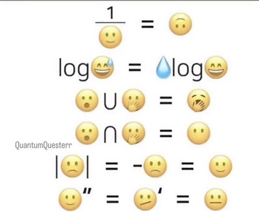 𝗤𝘂𝗮𝗻𝘁𝘂𝗺𝗤𝘂𝗲𝘀𝘁𝗲𝗿𝗿 : Powered by Atoms and Ambition on Instagram: "The Ultimate Math "Brain Tickle" 🧠🔢 Ever wondered what happens when a mathematician gets a hold of the emoji keyboard? This reel breaks down the visual logic of the "Emoji Equations" that are currently taking over the feed. From the Reciprocal Property turning a smile upside down to the Logarithm Power Rule physically moving a sweat drop, these aren't just random symbols—they are mathematically accurate puns. Whether