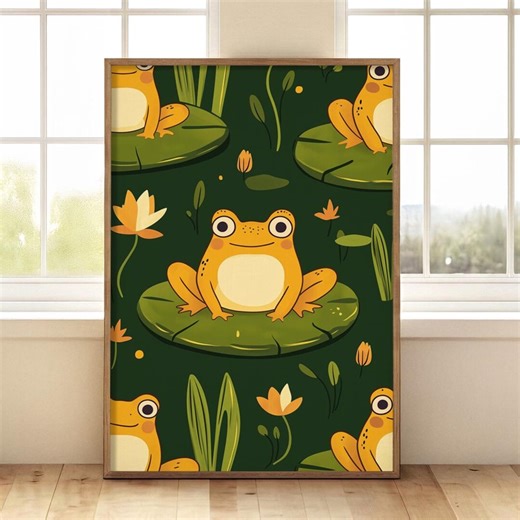 Frog Lily Pad Illustration | Playful Cartoon Style | Nature Pond Pattern | Nursery Decor | Print - Etsy