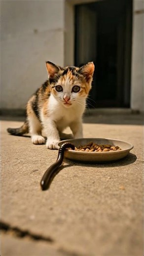 Kitten startled when a centipede attacked its meal