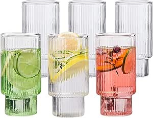 Wlasss Ribbed Drinking Glasses Set of 6, 14oz Water Glasses,Vintage Glass Cups,Clear Glass Tumbler,Ribbed Glassware for Cocktail,Iced Coffee,Juice,Mojito,Decor,Gifts