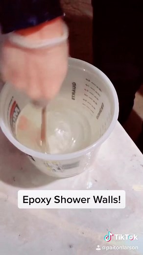 Epoxy shower walls! Cheap DIY instead of granite. #tinyhome #containerhome #diy #art follow @mattandpaiton on Instagram!