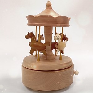 Wooden Carousel Music Box with Moving & Elevating Horses, Rotating Wind-Up Decor, Collectible Mechanical Musical Box, Timeless Gift
